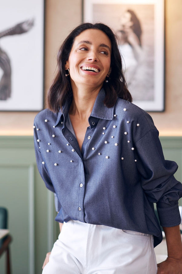 Palmer Dark Blue Collared Shirt with Pearls Tops