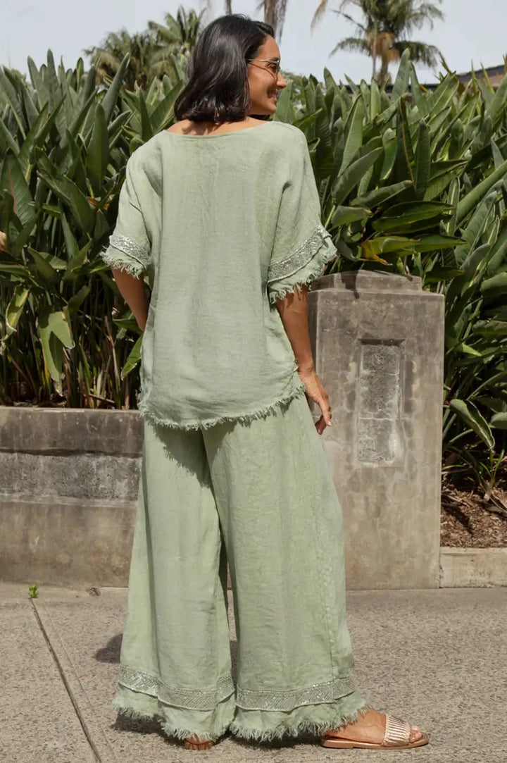 Antonia Wide Leg Linen Sequinned Pants in Mint Pants