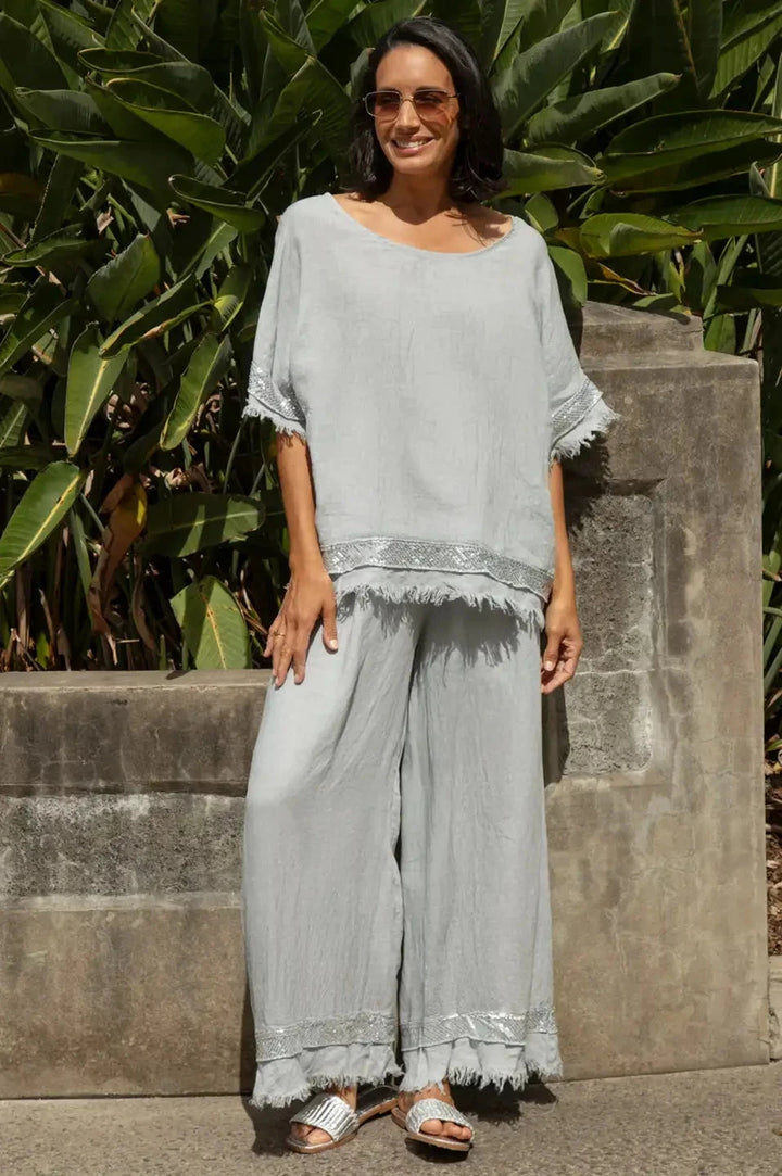 Antonia Wide Leg Linen Sequinned Pants in Light Grey Pants
