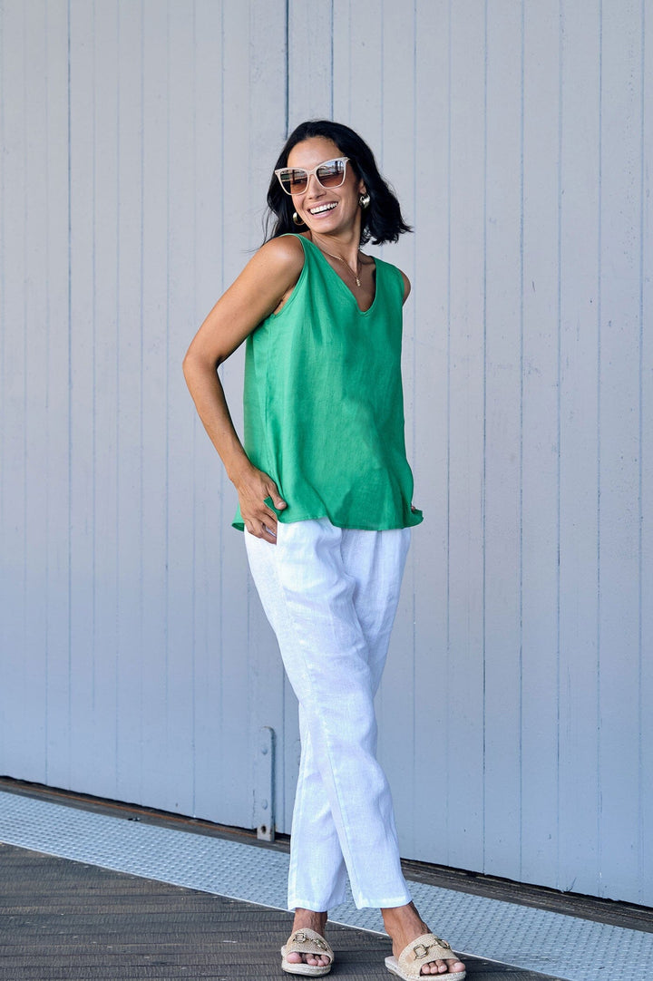 Zoe Linen Sleeveless Top Emerald Tops