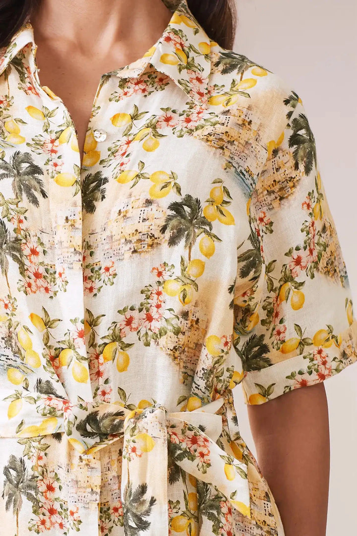 Positano Floral Mid Sleeve Collared Linen Midi Dress Dress