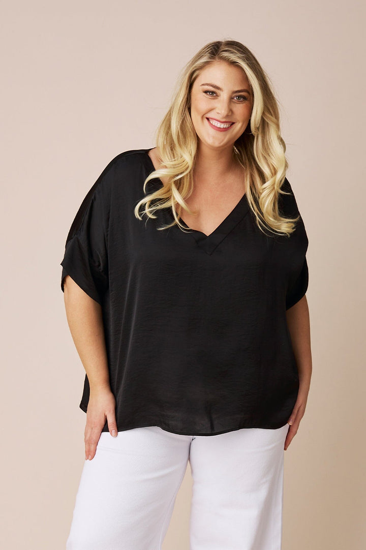 Bianca Short Sleeve Top Black with V Neck Tops