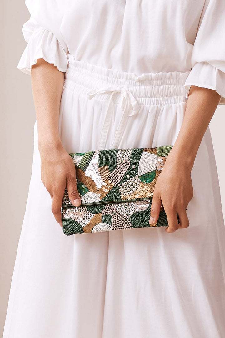 Marina Sequinned & Beaded Crossbody Clutch Bag Emerald Handbags