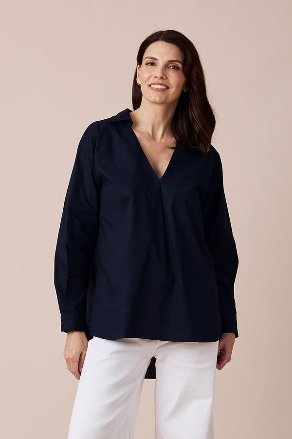 Lynette Collared Long Sleeve Shirt Navy Tops