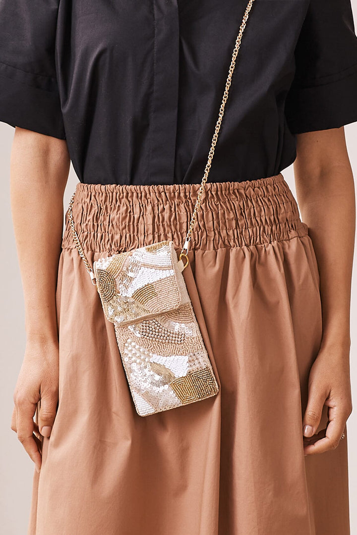 Marina Sequinned & Beaded Crossbody Phone Pouch Champagne Handbags