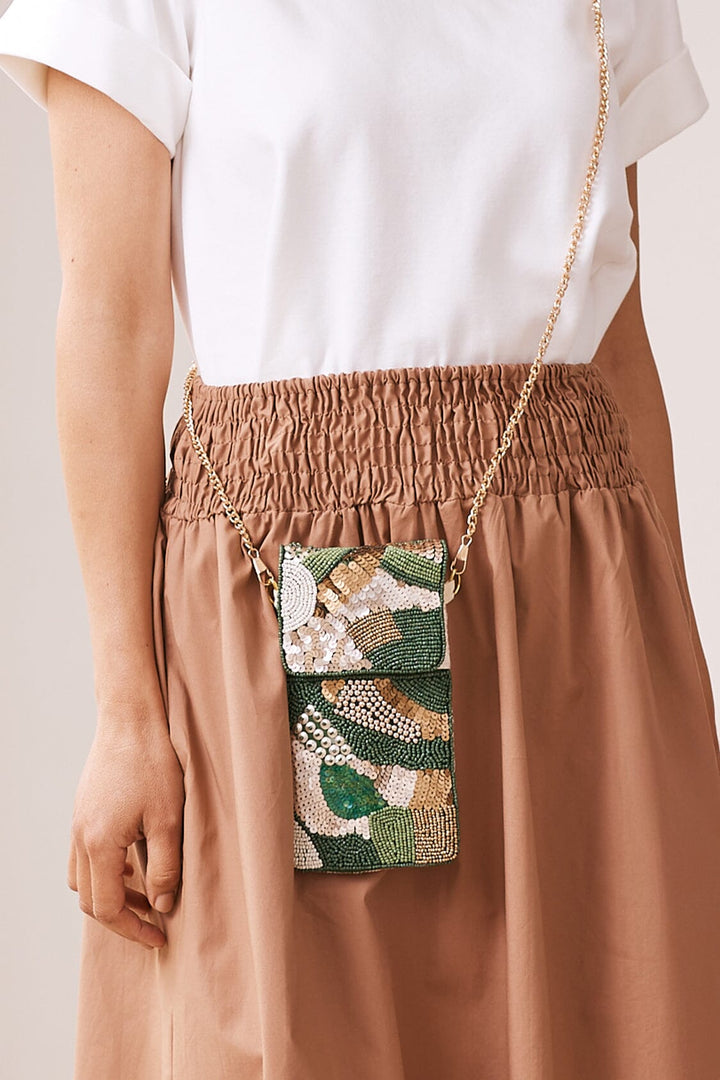 Marina Sequinned & Beaded Crossbody Phone Pouch Emerald Handbags