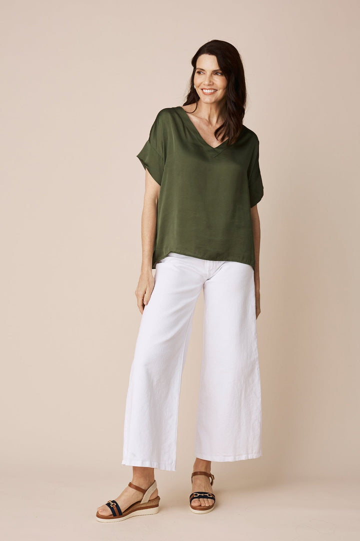 Bianca Short Sleeve Top Olive with V Neck Tops