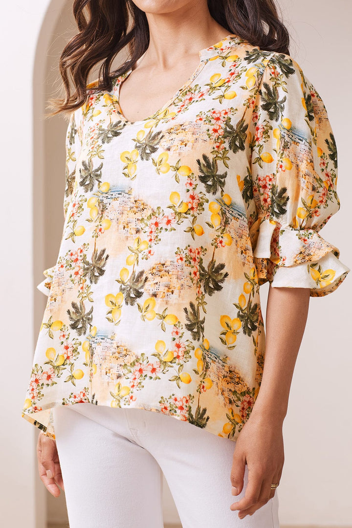 Positano Floral Mid Sleeve V-Neck Linen Top Tops