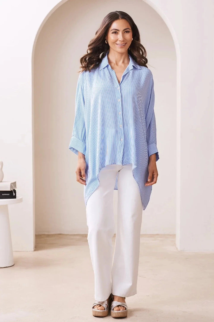 Francesca Striped Relaxed Shirt Denim Blue and White Tops