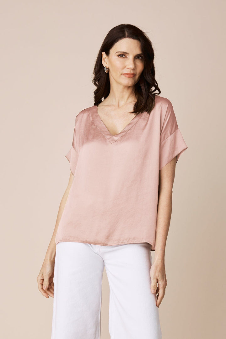 Bianca Short Sleeve Top Champagne with V Neck Tops