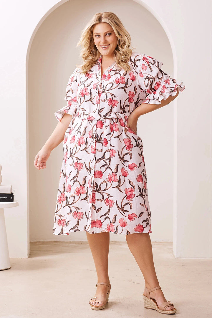 Cristina Floral Mid Sleeve Collared Linen Midi Dress Dress
