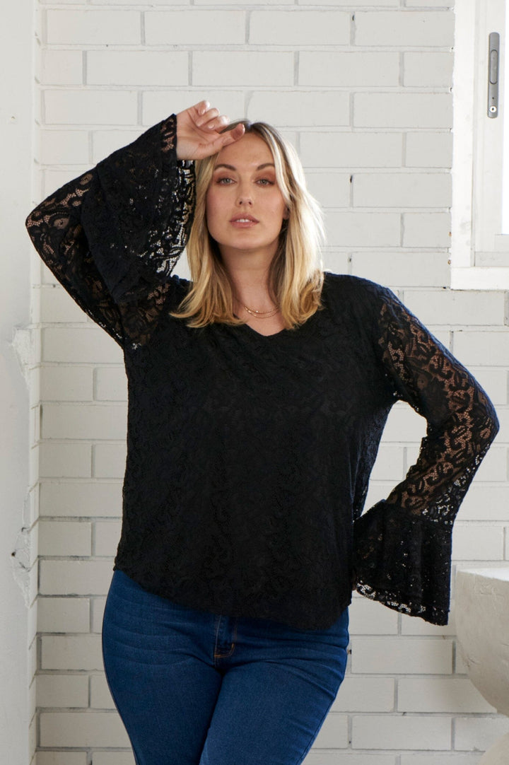 Lorna Long Sleeve Lace Top Black Tops