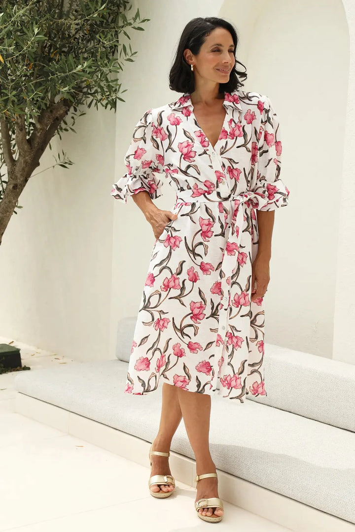 Cristina Floral Mid Sleeve Collared Linen Midi Dress Dress