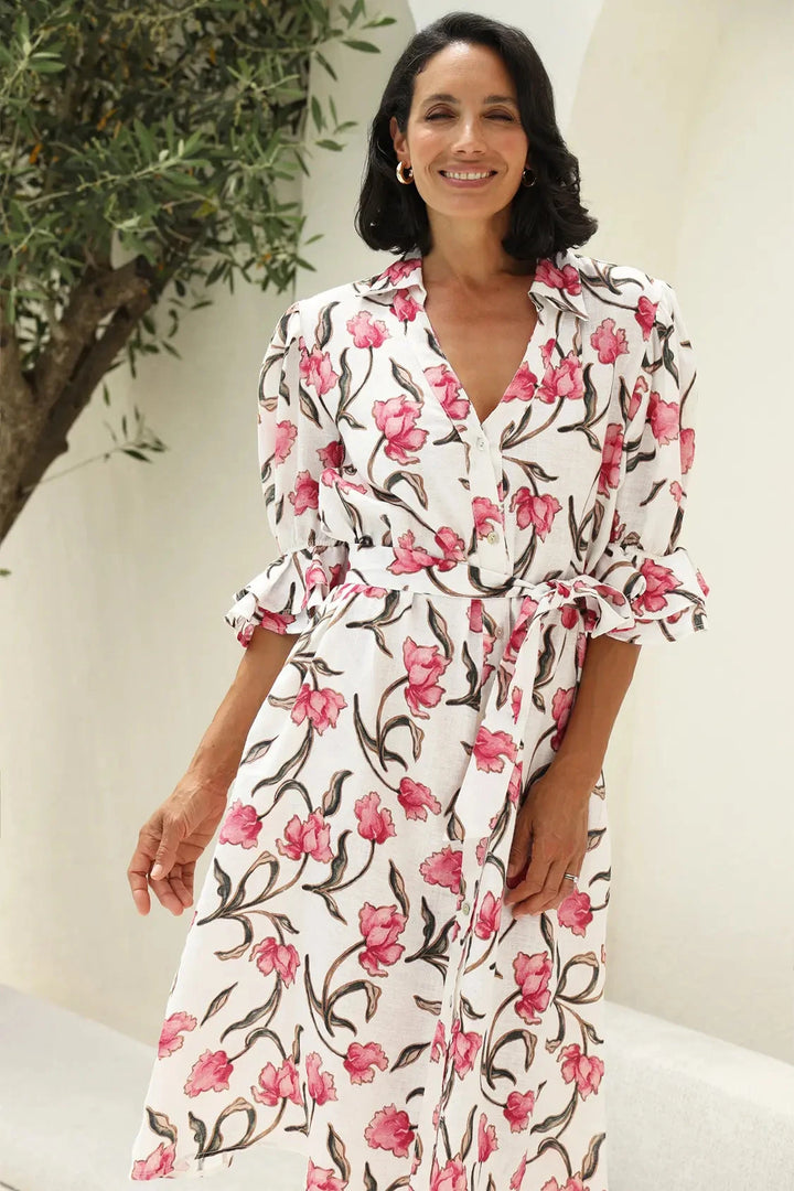 Cristina Floral Mid Sleeve Collared Linen Midi Dress Dress