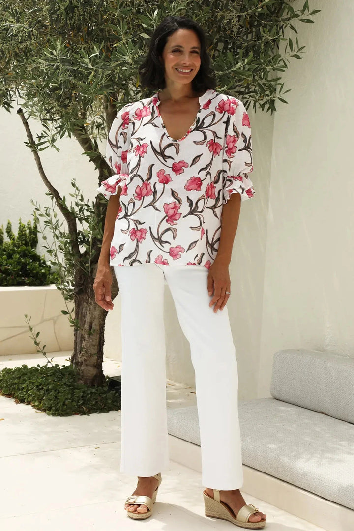 Cristina Floral Mid Sleeve V-Neck Linen Top Tops