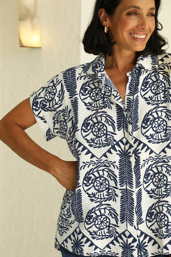 Antonella Collared Short Sleeve Top Navy Tops