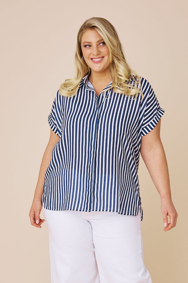 Clem Cotton Striped Top Navy and White Tops