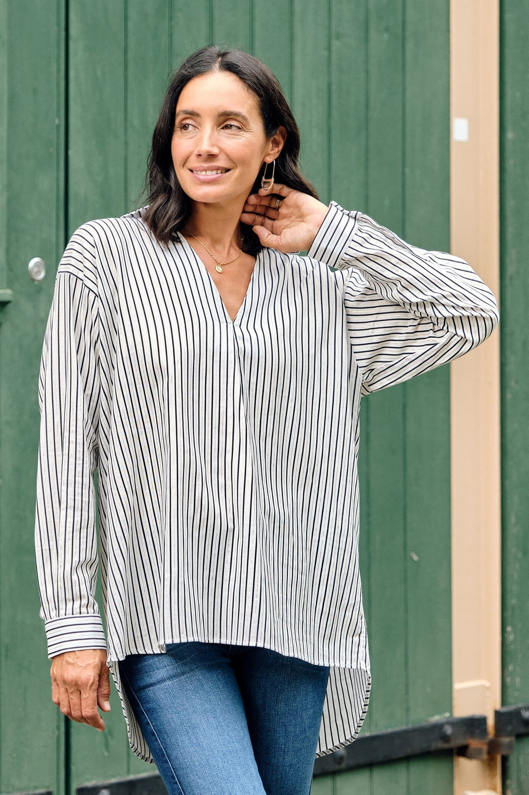 Lynette Collared Long Sleeve Shirt Striped Navy with Lurex Tops