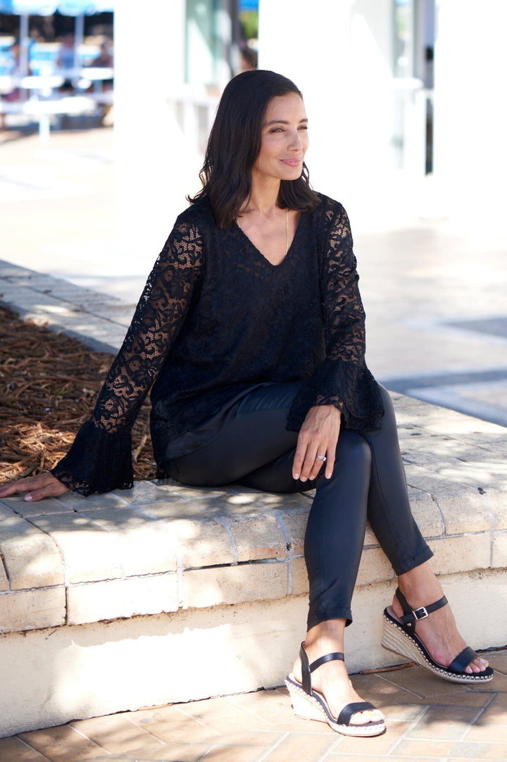 Lorna Long Sleeve Lace Top Black Tops