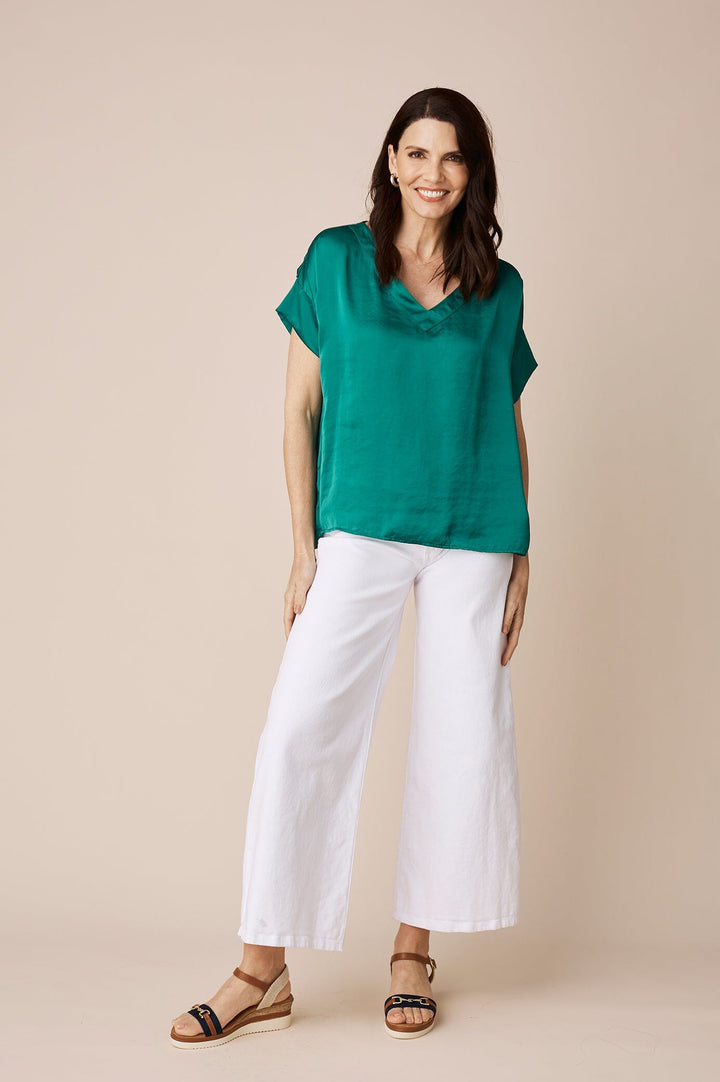 Bianca Short Sleeve Top Emerald with V Neck Tops