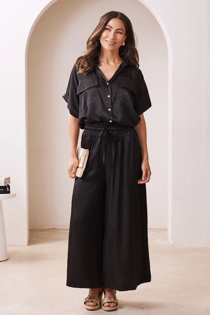 Vittoria Smocked Waist Wide Leg Pants Black Pants