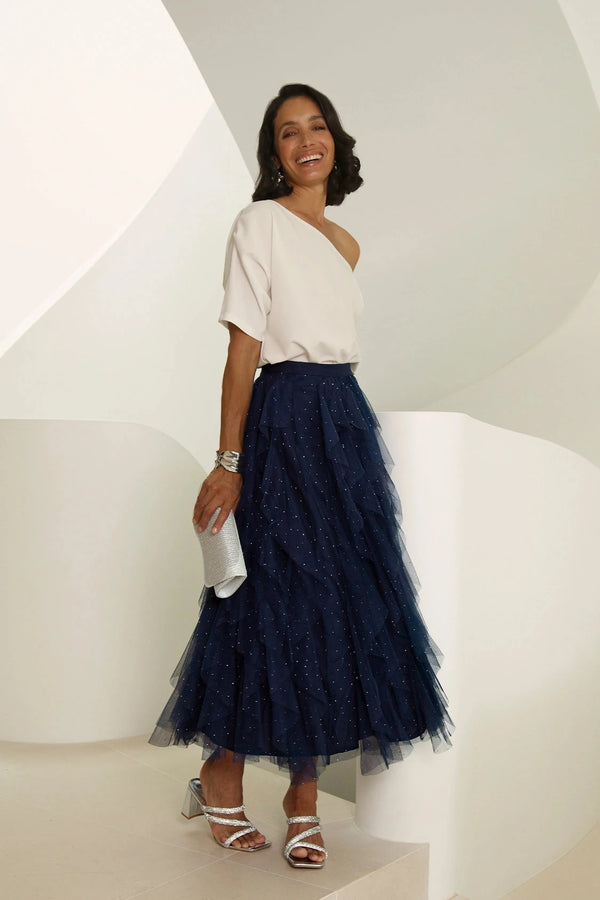 Isabella Asymmetrical Ruffle Tulle Maxi Skirt Navy Skirt