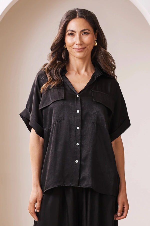 Vittoria Short Sleeve Collared V-Neck Shirt Black Tops