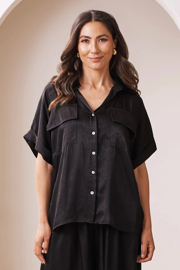 Vittoria Short Sleeve Collared V-Neck Shirt Black Tops