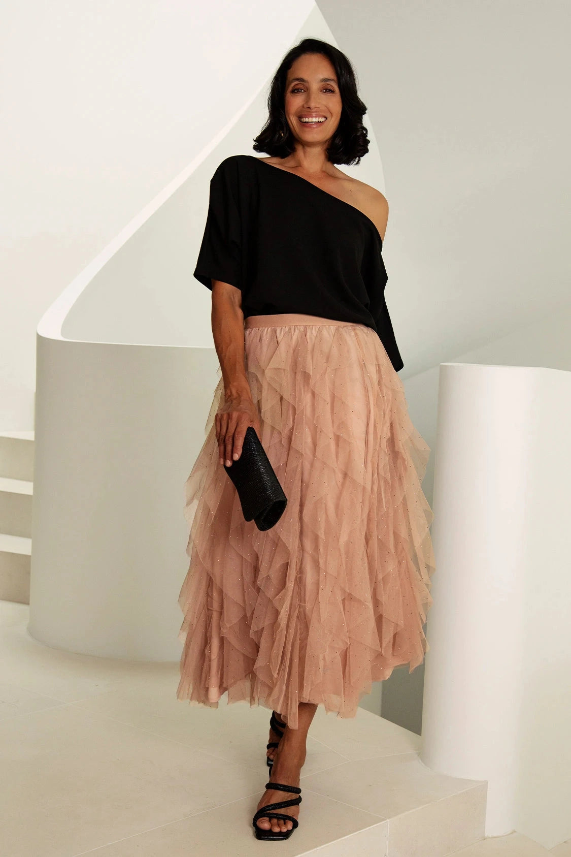 Isabella Asymmetrical Ruffle Tulle Maxi Skirt Champagne Skirt