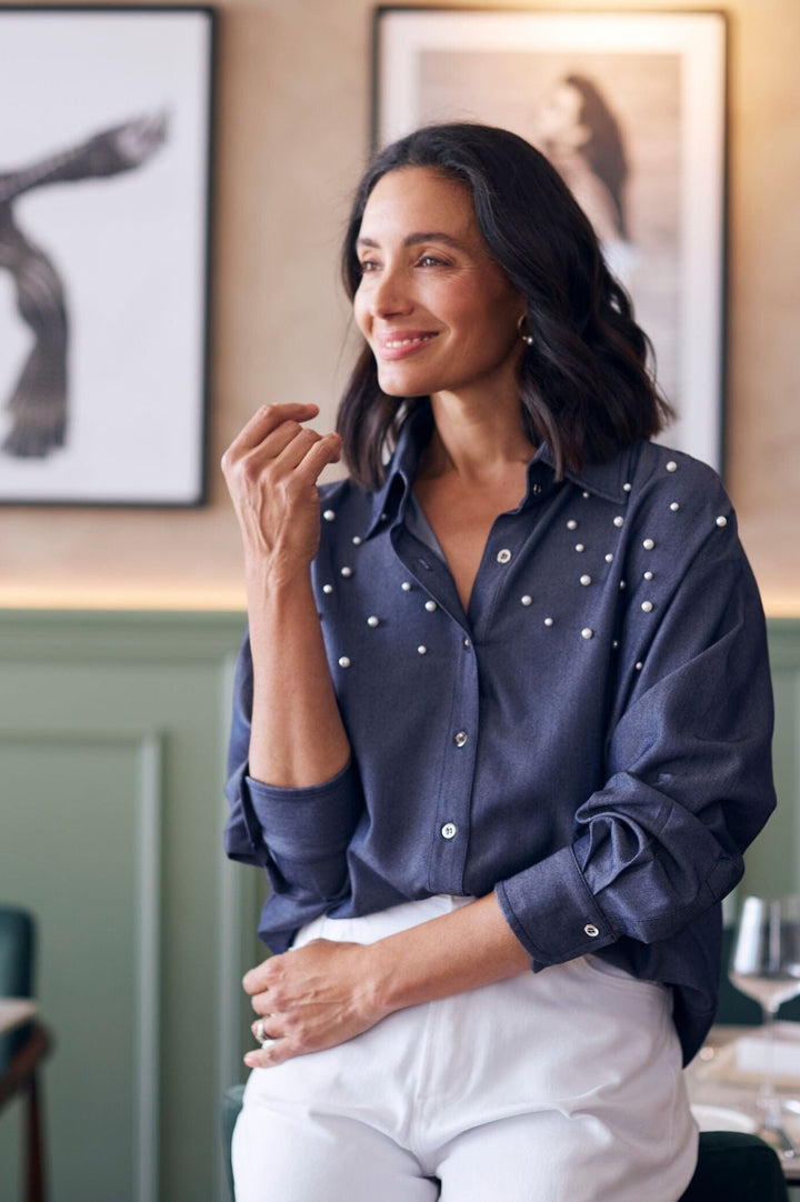 Palmer Dark Blue Collared Shirt with Pearls Tops