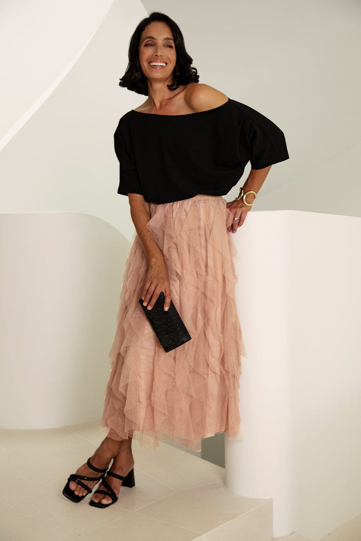 Isabella Asymmetrical Ruffle Tulle Maxi Skirt Champagne Skirt