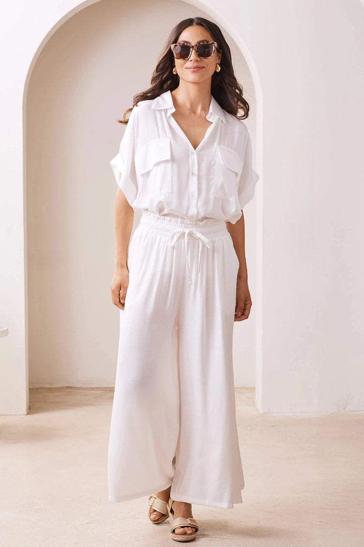 Vittoria Short Sleeve Collared V-Neck Shirt Ivory Tops