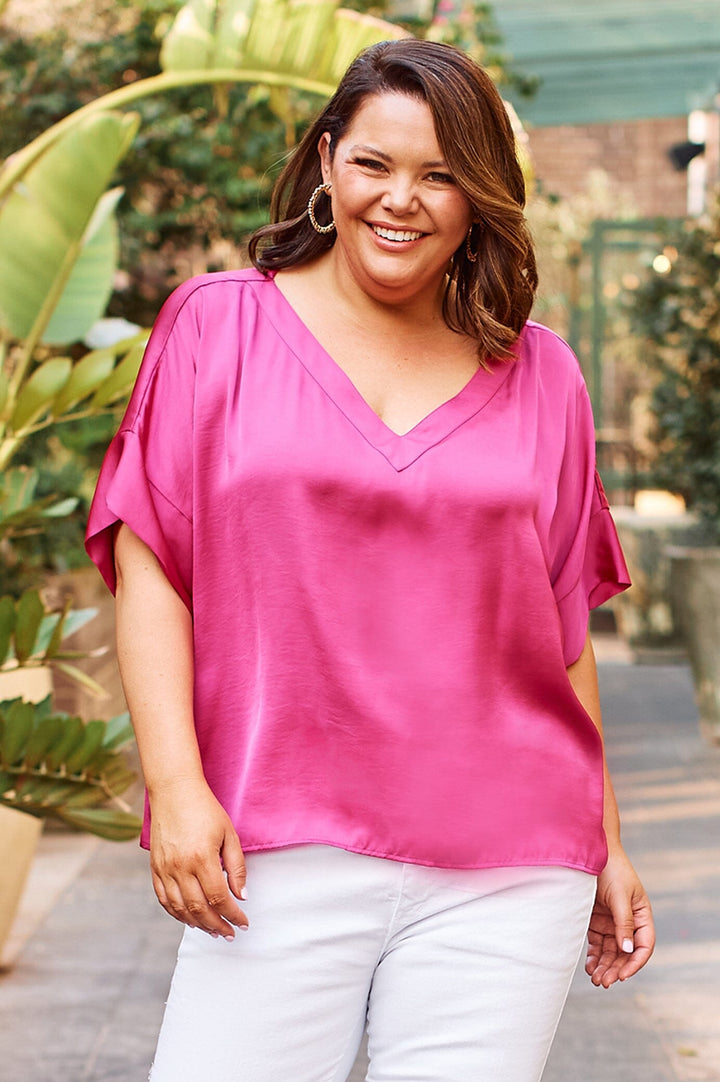 Bianca Short Sleeve Top Magenta with V Neck Tops