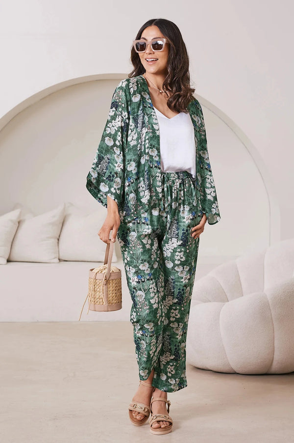 Lissy Floral Print Cropped Kimono Cape Olive Capes
