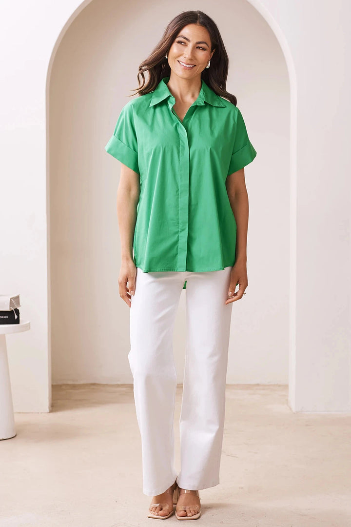 Tia Short Sleeve Cotton Top in Emerald Tops