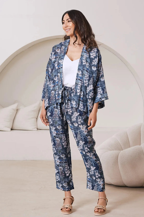 Lissy Floral Print Tapered Pants in Slate Blue Pants
