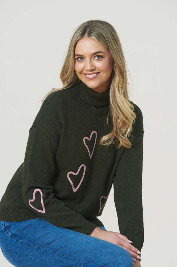 Romila Heart Jumper Forest Green Knitwear