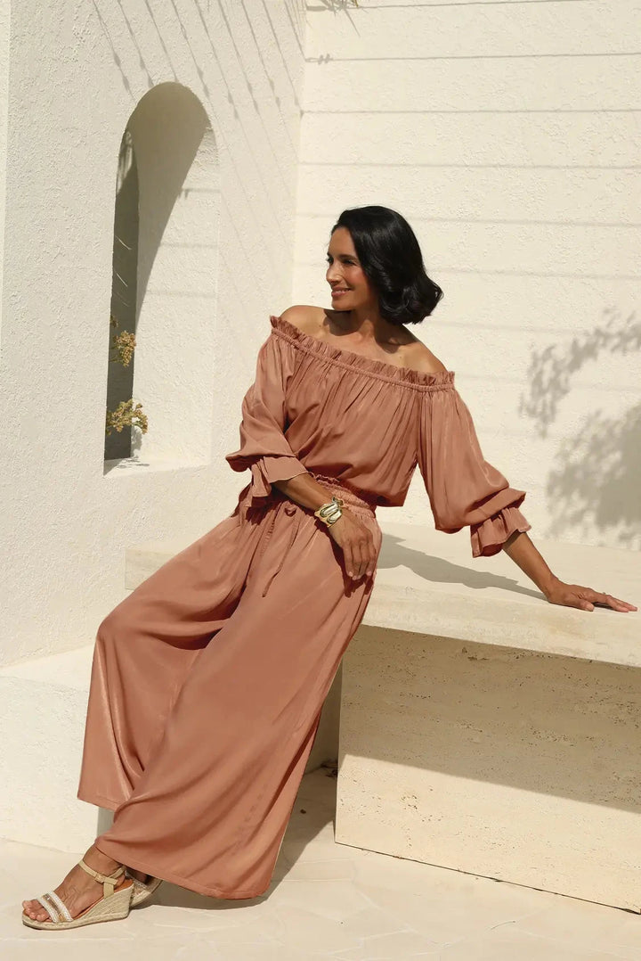 Vittoria Frill Trim Off Shoulder Long Sleeve Top Coffee- Pre Order Tops