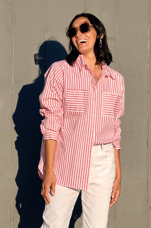 Gina Long Sleeve Collared Shirt Striped Pink Tops