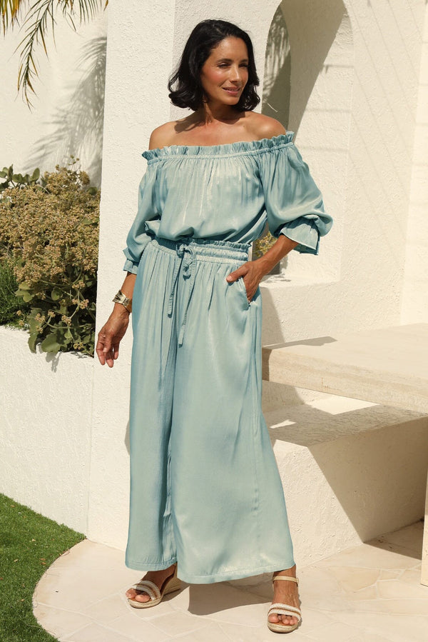 Vittoria Smocked Waist Wide Leg Pants Teal-Pre Order Pants