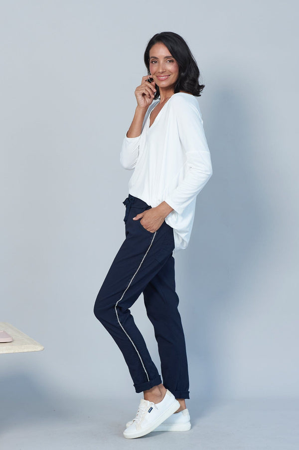 Rhinestone Side Stripe Crinkle Jogger Navy Pants