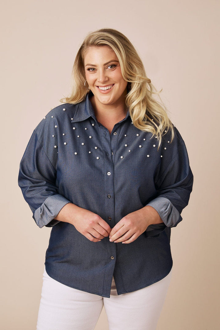 Palmer Dark Blue Collared Shirt with Pearls Tops