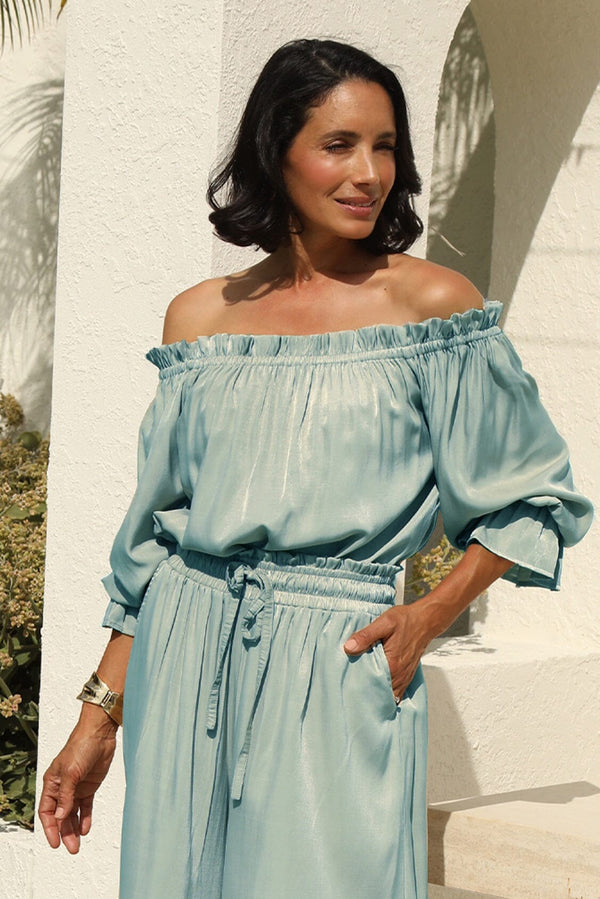 Vittoria Frill Trim Off Shoulder Long Sleeve Top Teal- Pre Order Tops
