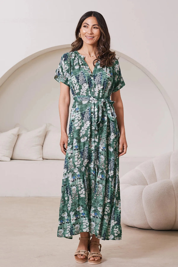 Lissy Floral Print Short Sleeve Tiered Maxi Dress Olive Dress