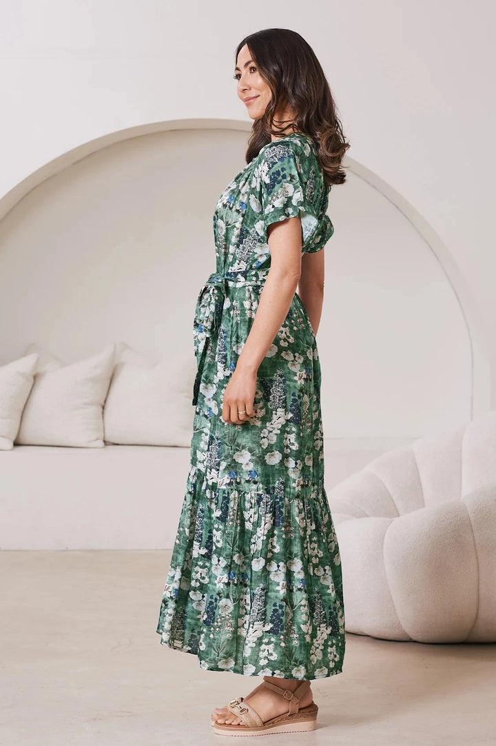 Lissy Floral Print Short Sleeve Tiered Maxi Dress Olive Dress