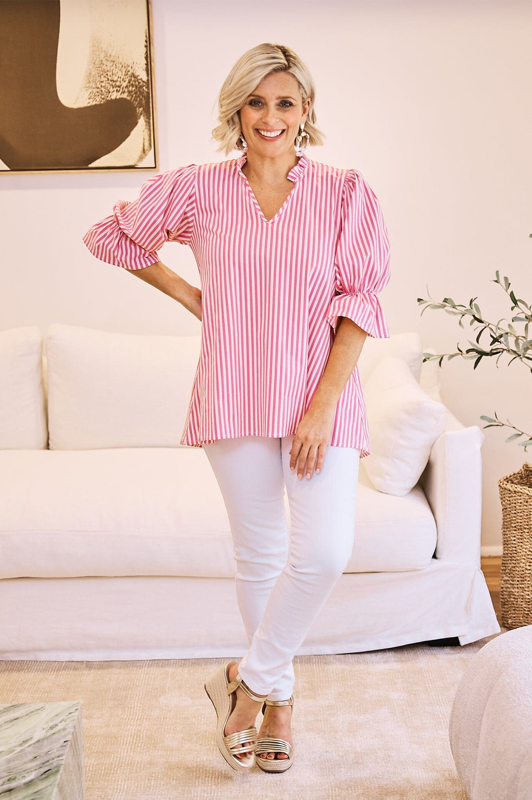Alessandra Short Sleeve Striped Top Pink Tops
