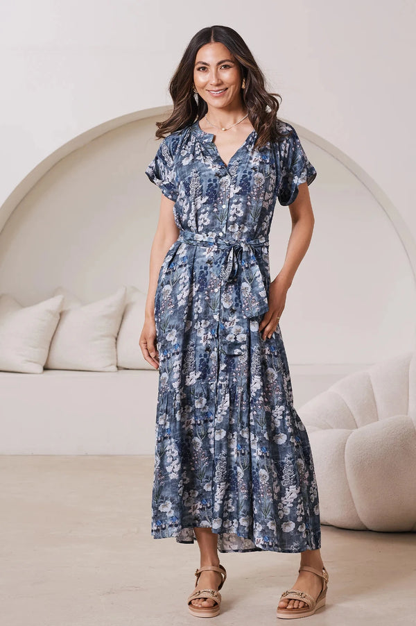 Lissy Floral Print Short Sleeve Tiered Maxi Dress Slate Blue Dress
