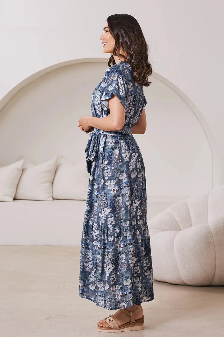 Lissy Floral Print Short Sleeve Tiered Maxi Dress Slate Blue Dress