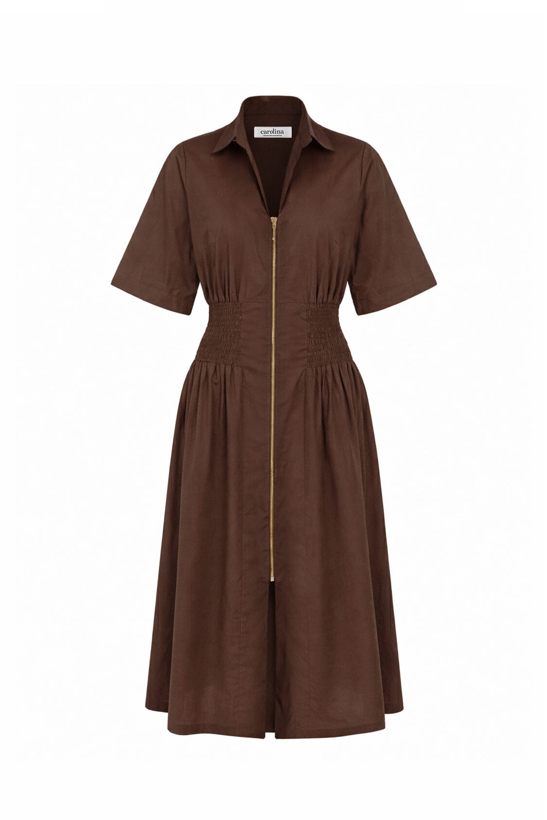 Laura Short Sleeve Smocked Waist Zip Front Midi Dress Brown Dress