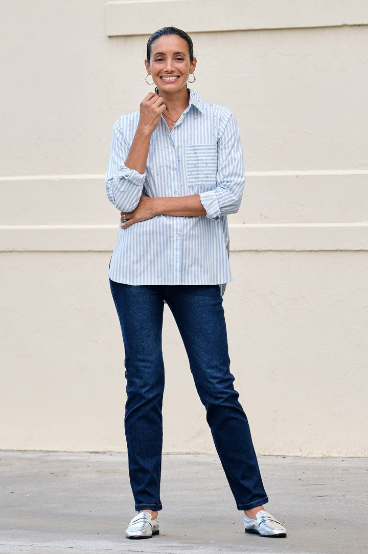 Renata Blue Striped Collared Shirt Tops